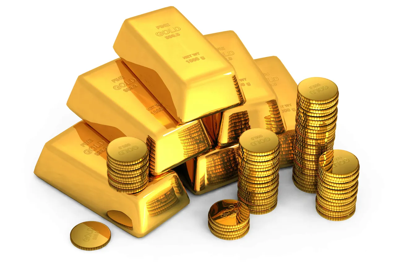 Photo wallpaper metal, background, gold, Shine, coins, bars