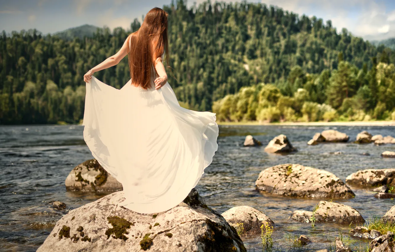 Photo wallpaper forest, summer, girl, landscape, stones, dress, brown hair, white