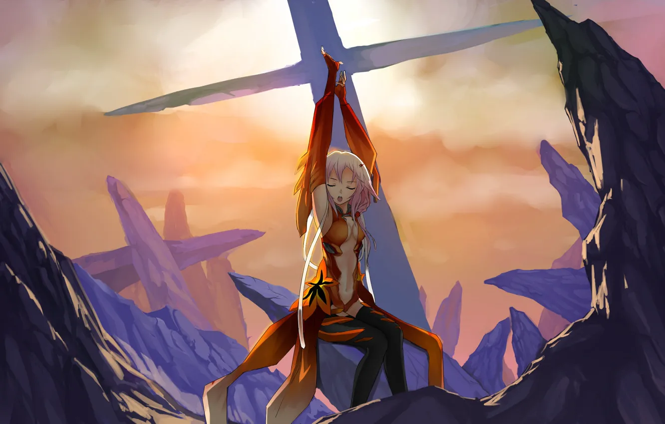 Photo wallpaper rocks, cross, stockings, sharp, guilty crown, pink hair, inori yuzuriha, closed eyes