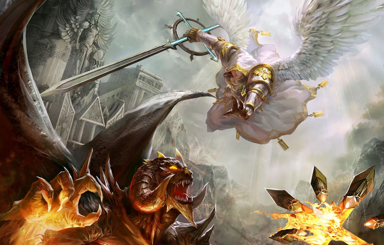 Photo wallpaper castle, wings, angel, sword, the devil, Heroes of Might & Magic, Heroes of might and …