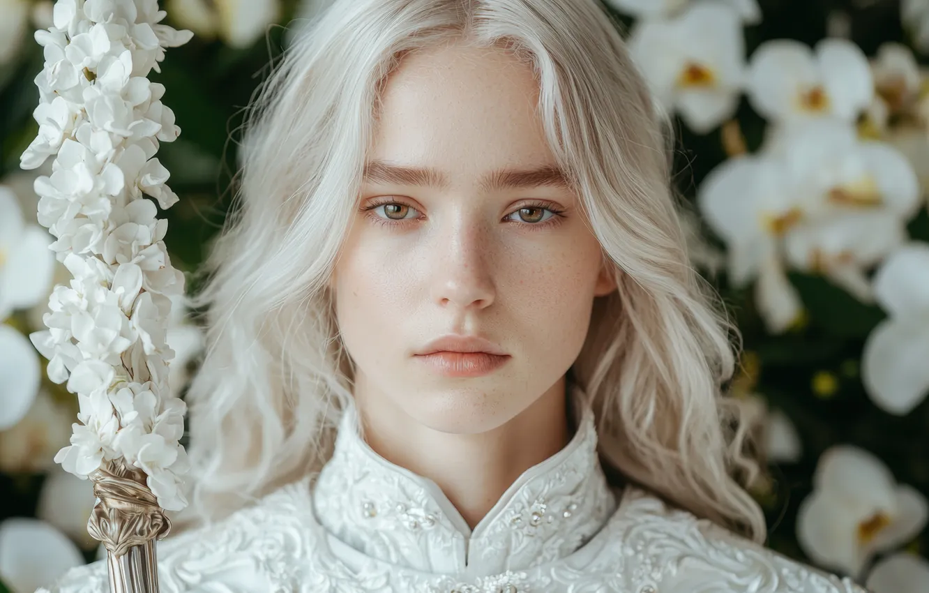 Photo wallpaper look, girl, flowers, face, tenderness, portrait, spring, sword