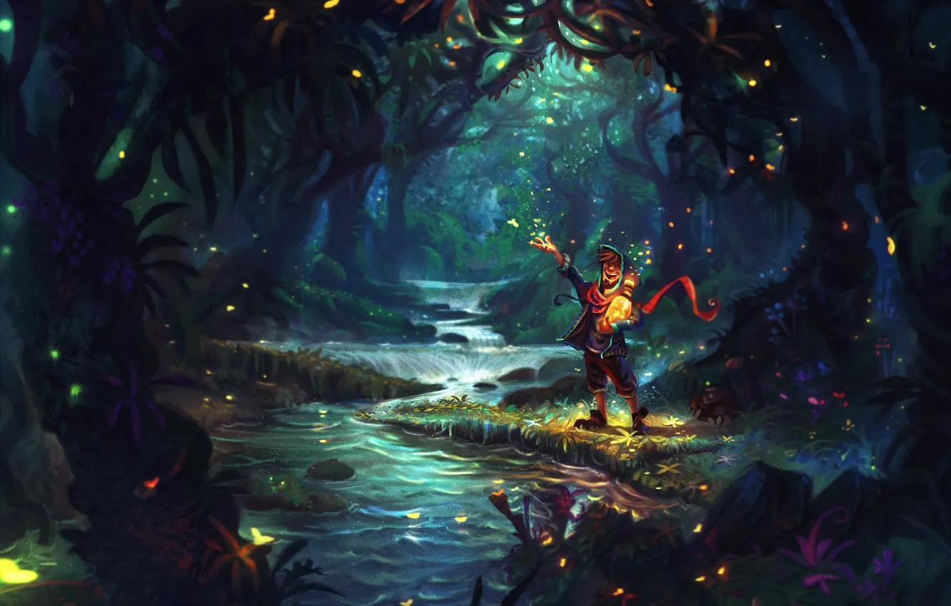 Photo wallpaper forest, fireflies, art, John Paul Bragato