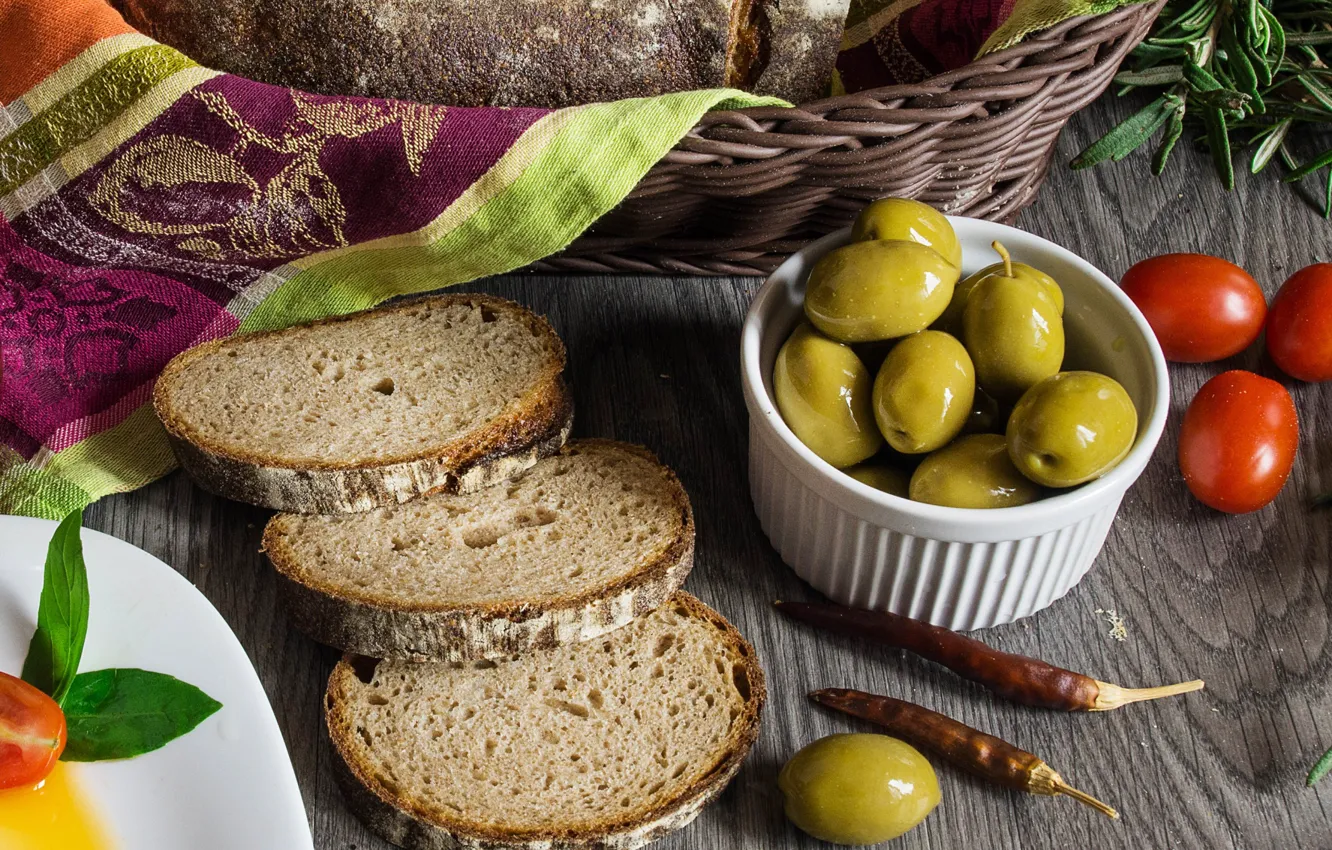 Photo wallpaper bread, tomatoes, olives
