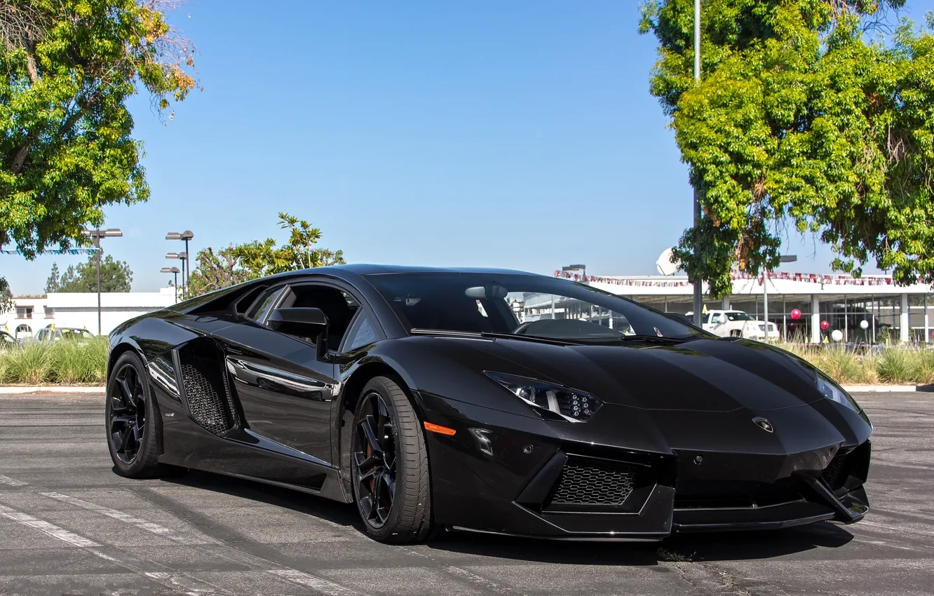 Photo wallpaper black, Parking, lamborghini, black, front view, aventador, lp700-4, Lamborghini
