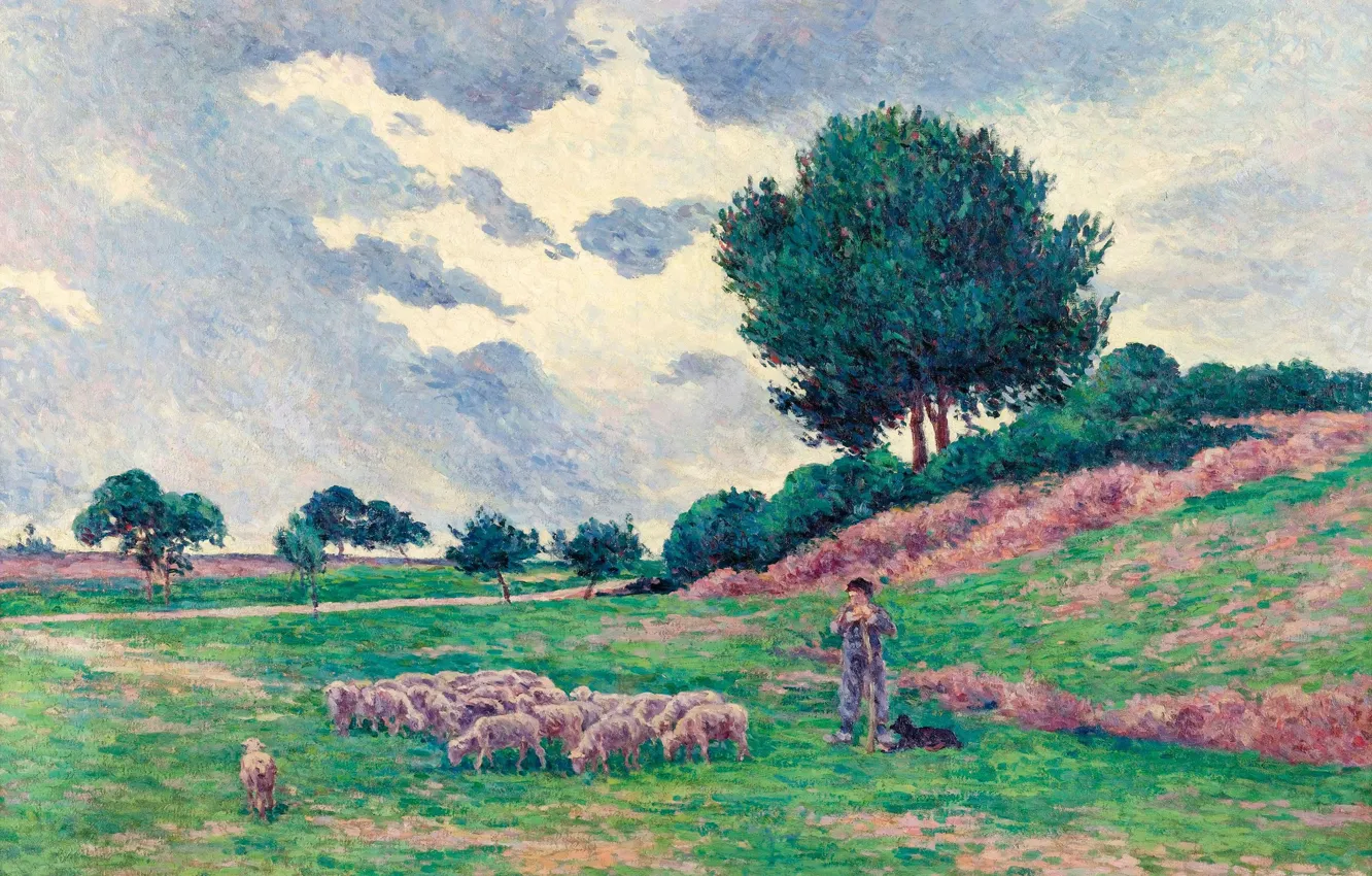 Photo wallpaper animals, landscape, picture, Maximilien Luce, Maximilien Luce, The méréville. A Flock Of Sheep, 1902-03