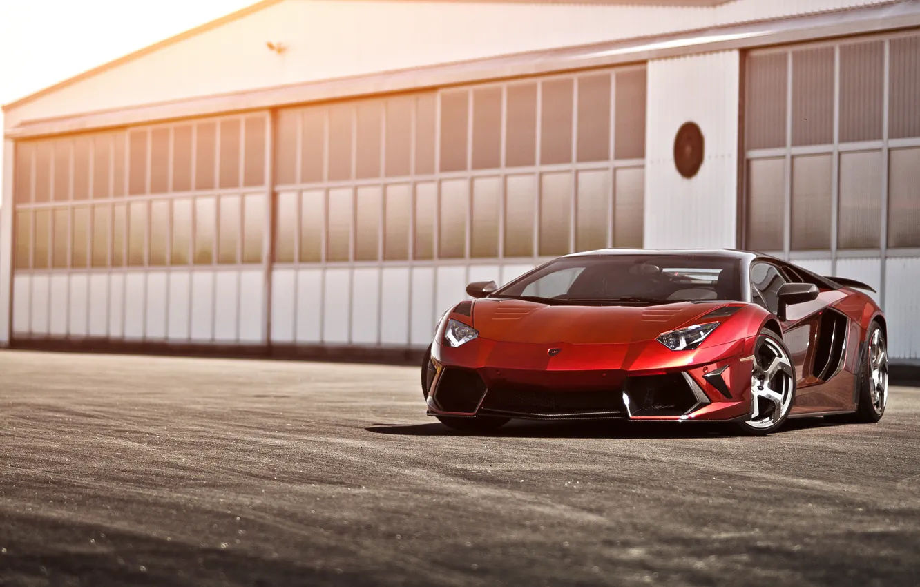 Photo wallpaper red, Lamborghini, hangar, red, Lamborghini, LP700-4, Aventador, Lamborghini