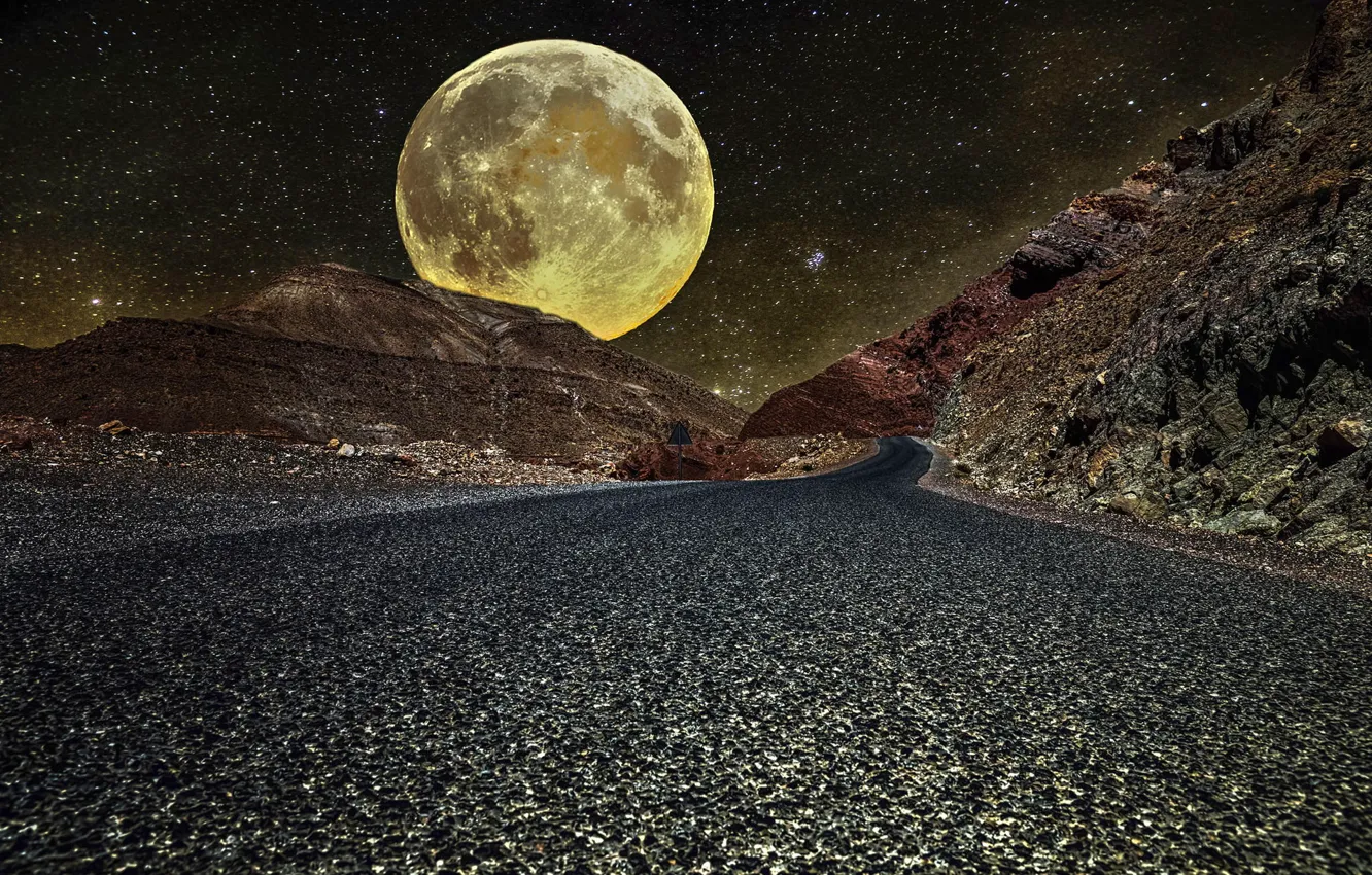 Photo wallpaper road, the moon, huge, morocco