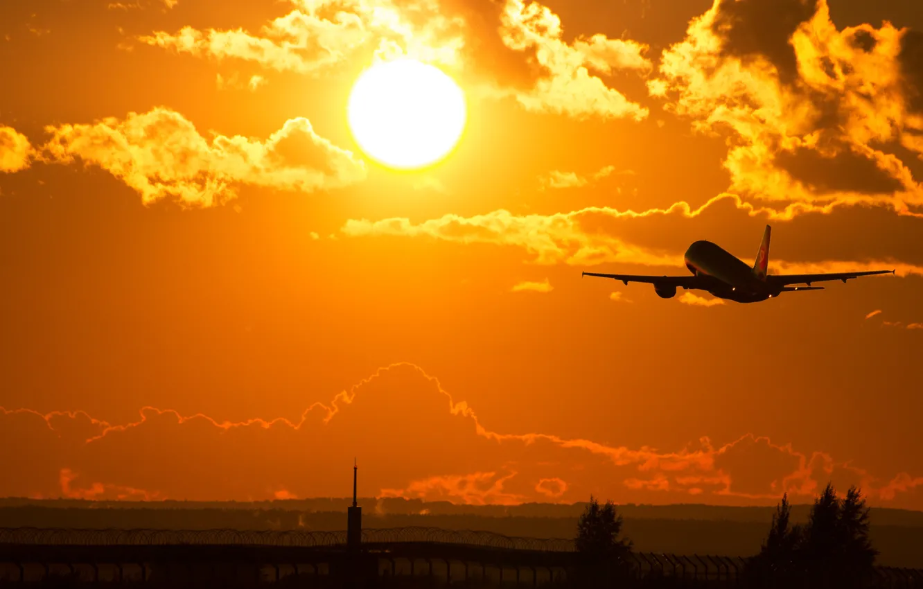 Photo wallpaper the sky, the sun, clouds, the plane, the rise