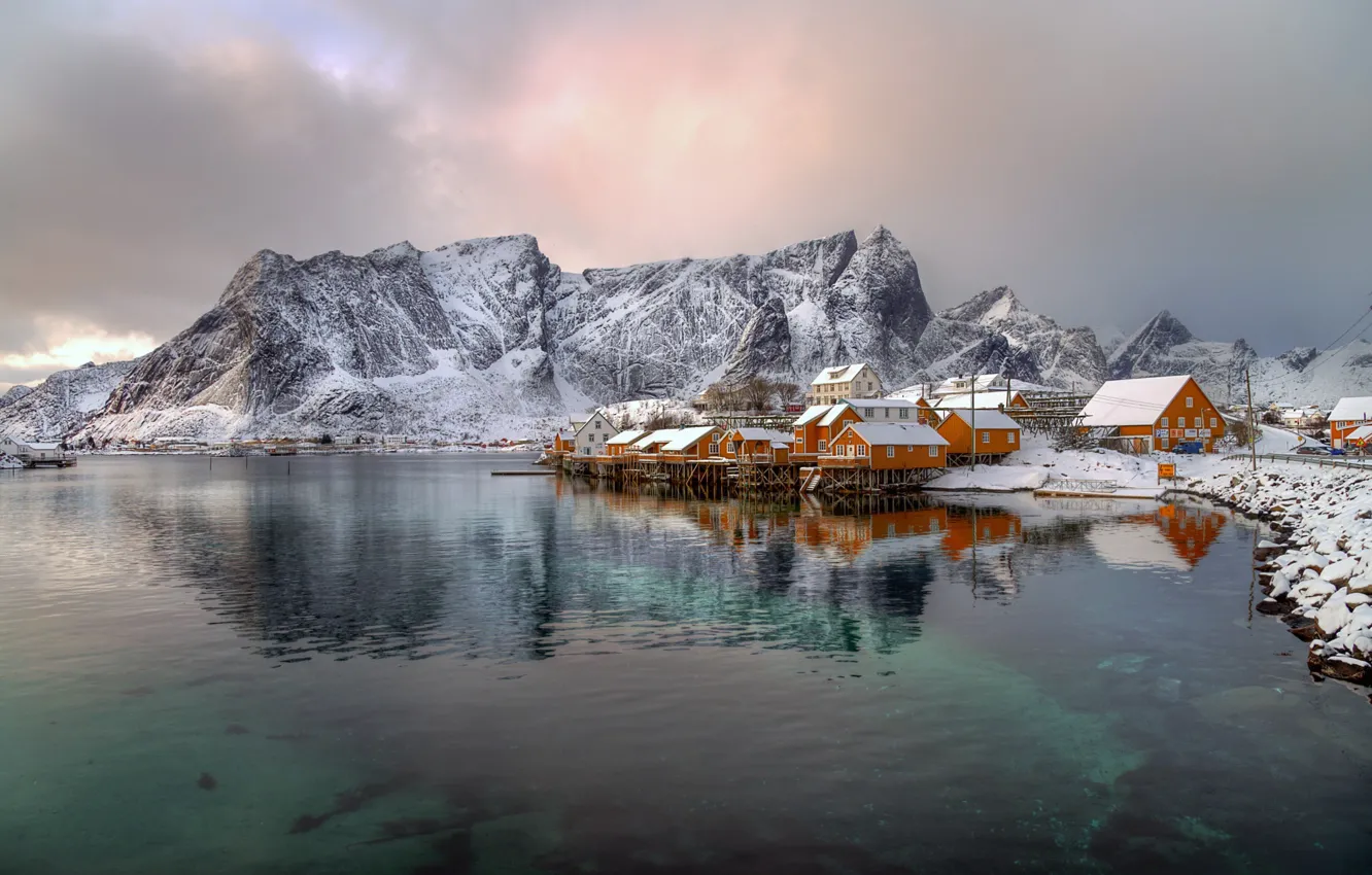 Photo wallpaper winter, mountains, home, Norway, the village, the fjord, The Lofoten Islands