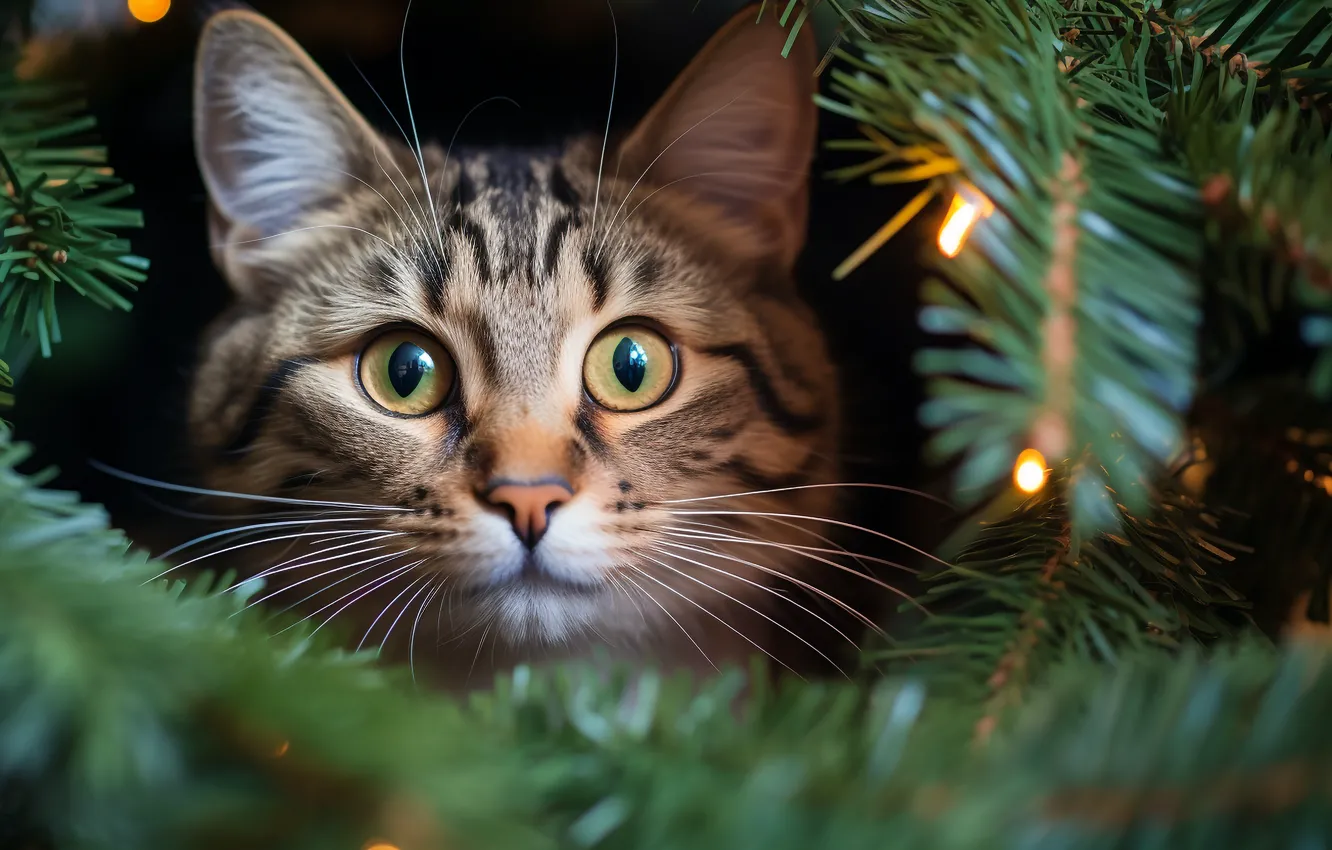 Photo wallpaper cat, cat, look, Christmas, New year, face, AI art, neural network