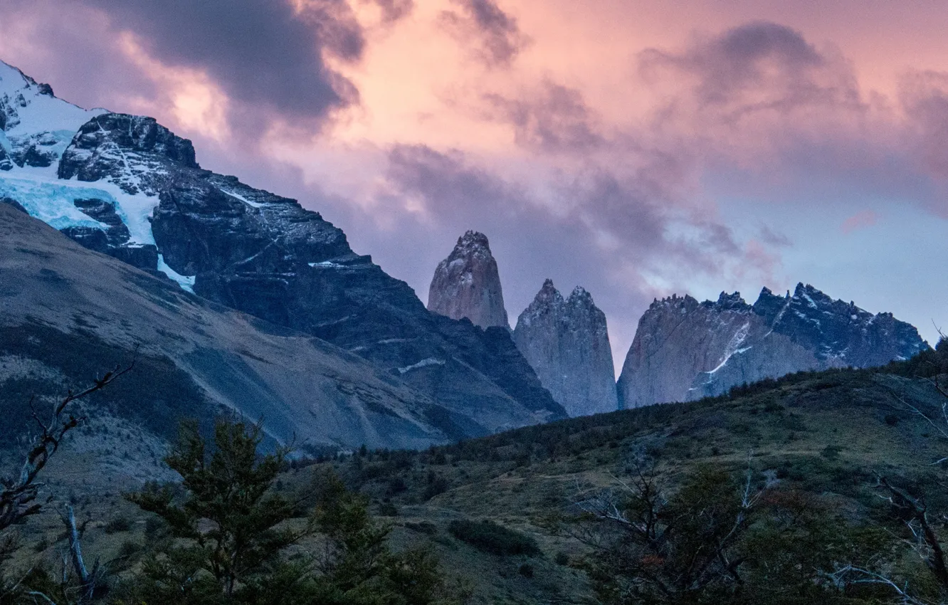 Photo wallpaper the sky, clouds, trees, mountains, nature, lake, rocks, Chile