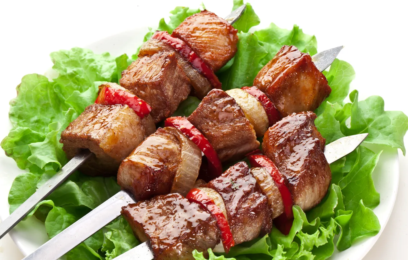 Photo wallpaper meat, vegetables, kebab, meat