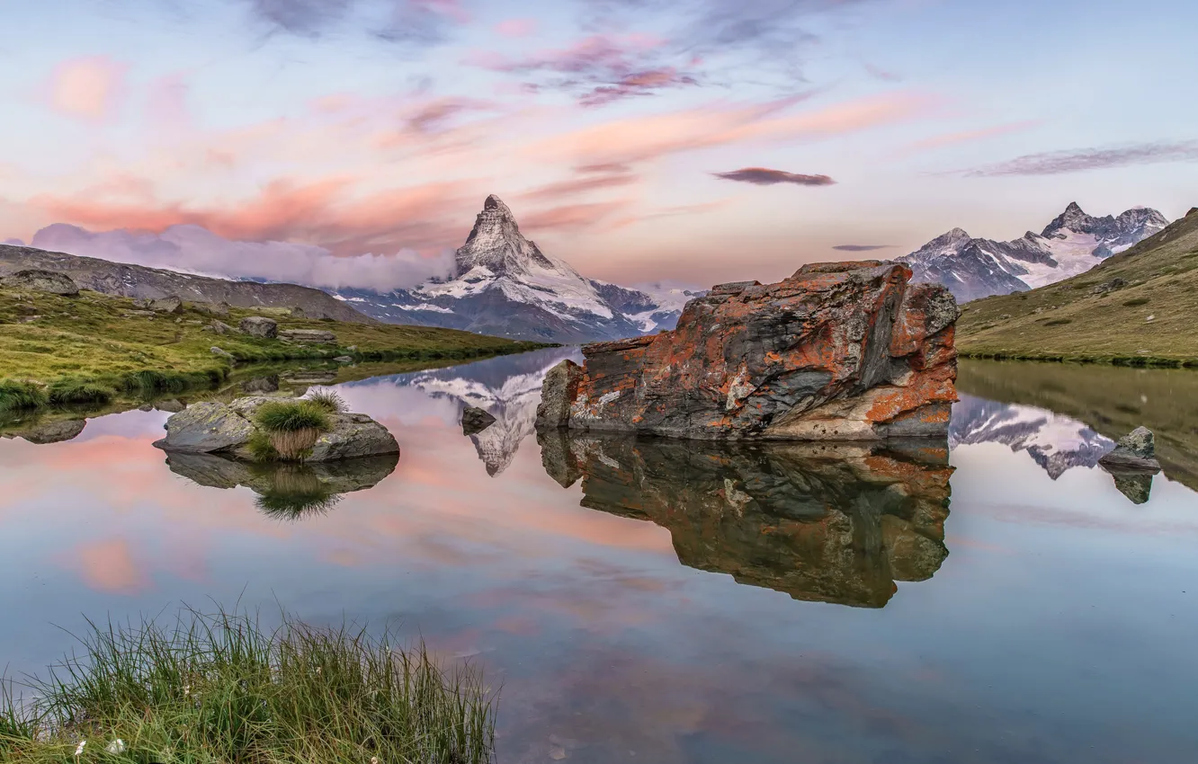 Photo wallpaper mountains, lake, stones, rocks, Switzerland, Alps