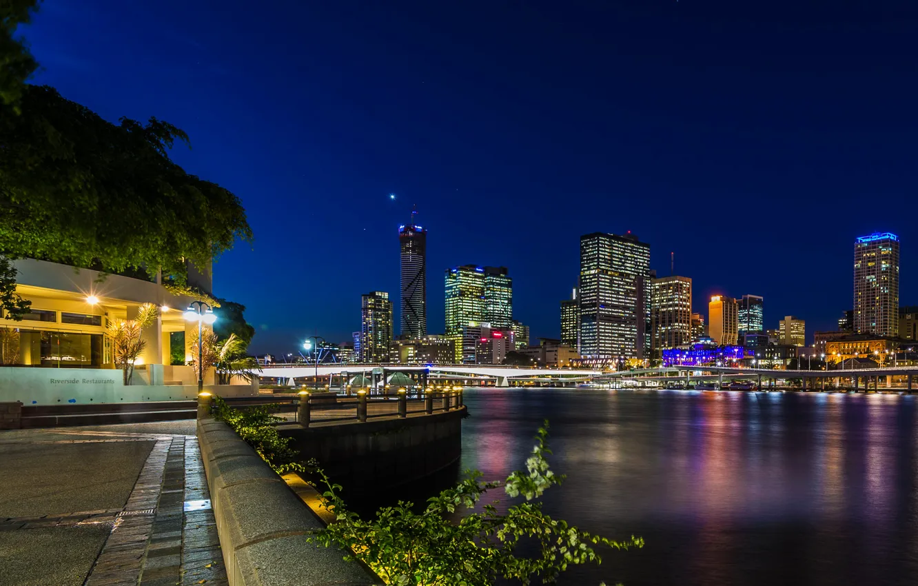 Photo wallpaper night, bridge, lights, river, home, skyscrapers, Australia, lights