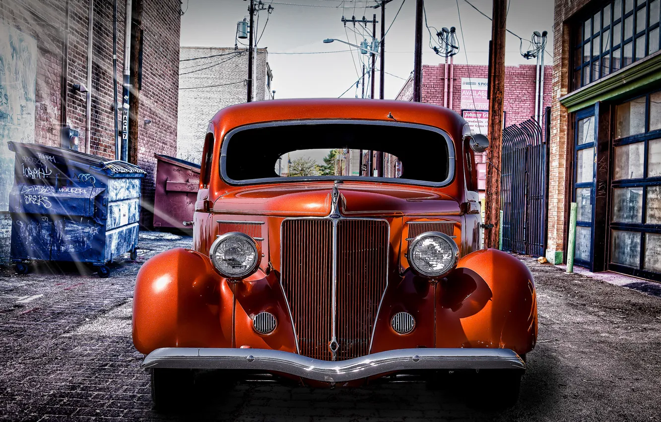 Photo wallpaper retro, yard, car, sedan, classic, the front, classic car