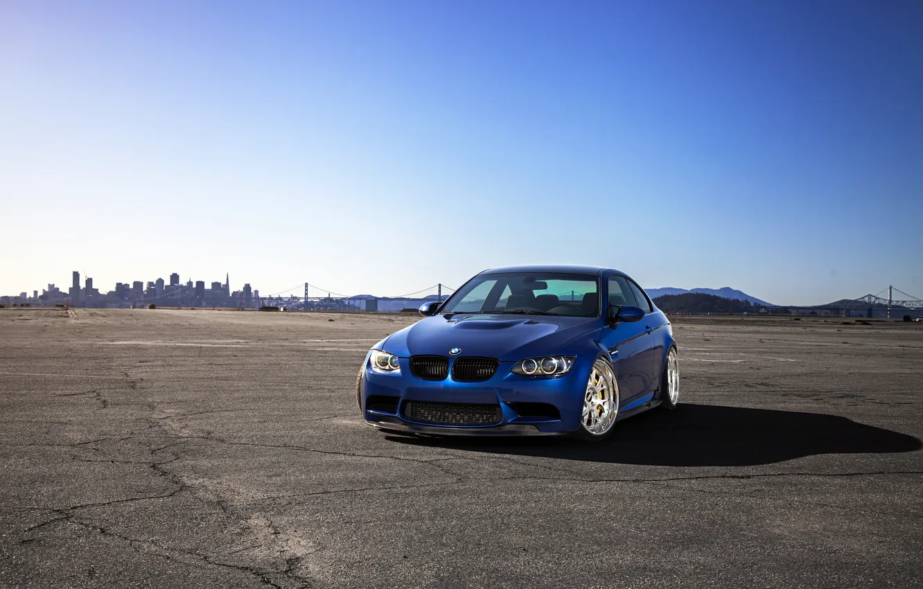 Photo wallpaper the sky, blue, the city, BMW, BMW, blue, e92