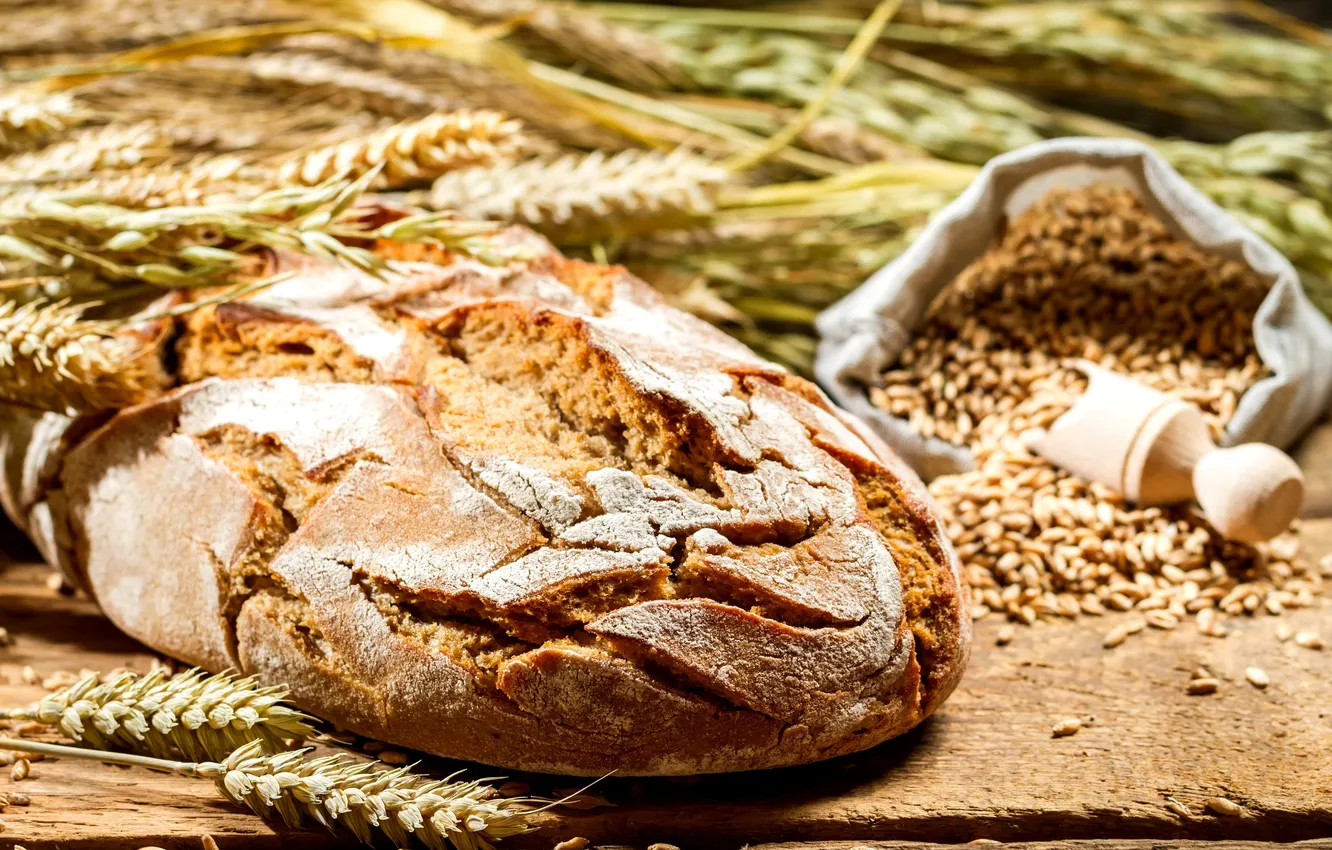 Photo wallpaper wheat, table, grain, spikelets, bread, ears, pouch, rye