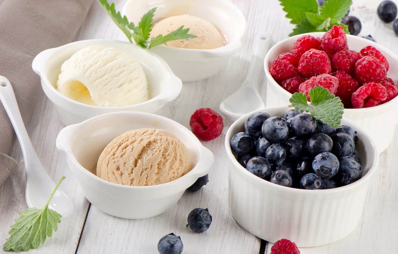 Photo wallpaper berries, raspberry, blueberries, ice cream, mint, dessert, sweet, blueberries