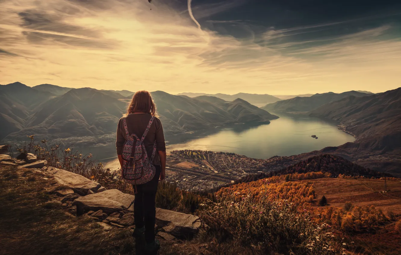 Photo wallpaper mountains, view, height, girl, Carded