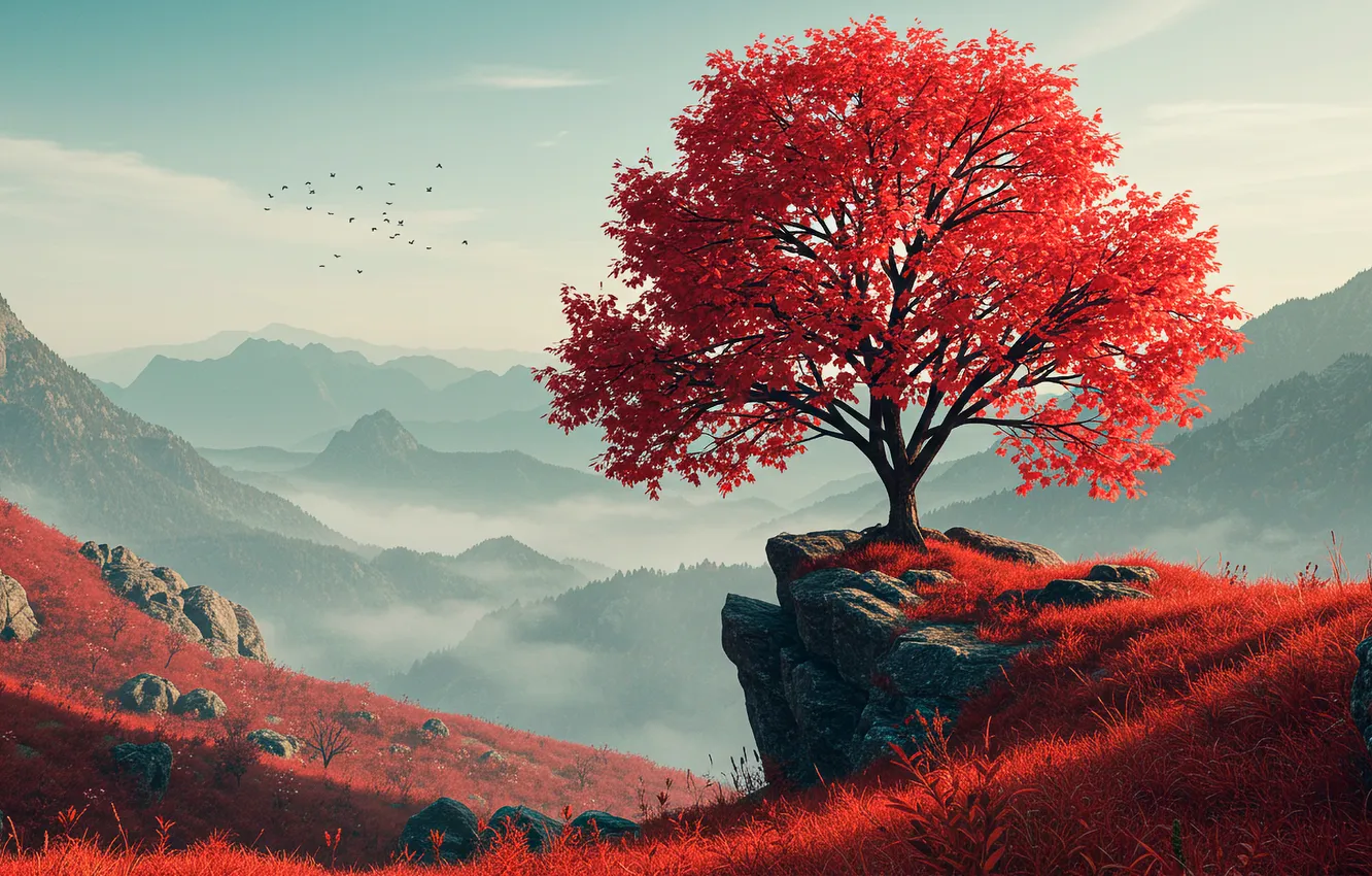 Photo wallpaper the sky, mountains, fog, tree, Wallpaper, art, wallpaper, sky