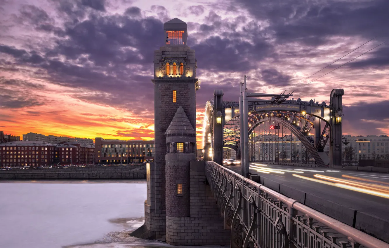 Photo wallpaper sunset, bridge, river, tower, Saint Petersburg, Russia, The Neva River, Bolsheokhtinsky bridge