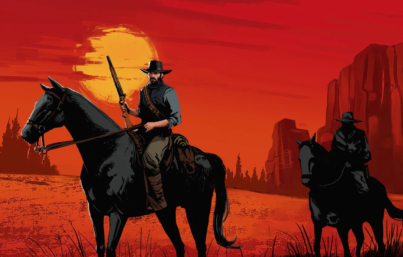 Photo wallpaper Sunset, The game, Art, Rockstar, Concept Art, Cowboy, Western, Game Art