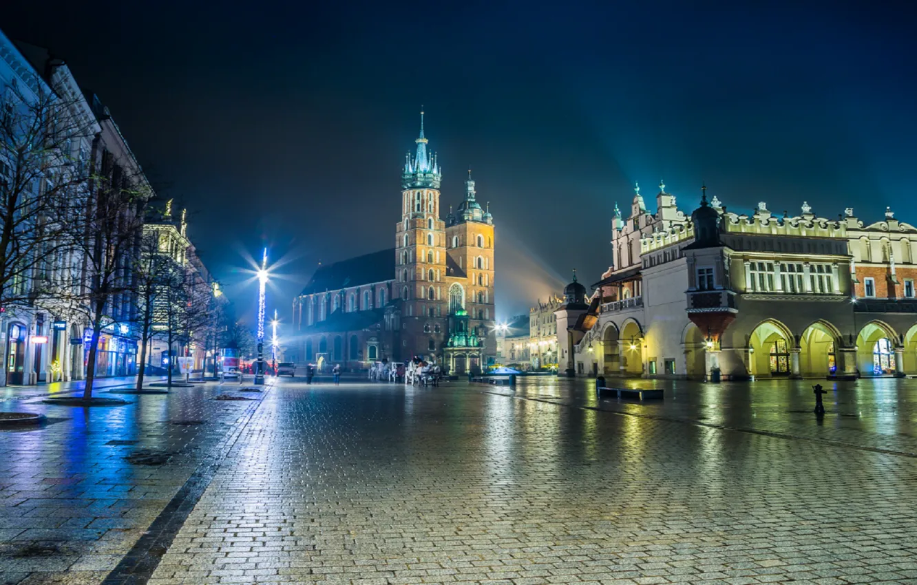 Photo wallpaper night, the city, lights, area, Poland, Cathedral, Krakow