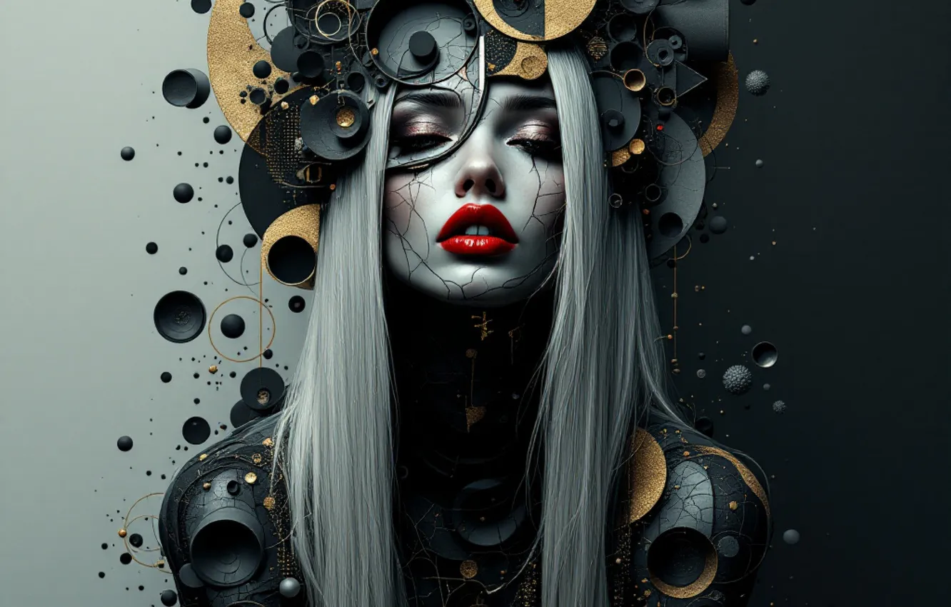 Photo wallpaper girl, abstraction, the dark background, blonde, red lipstick, AI art, neural network