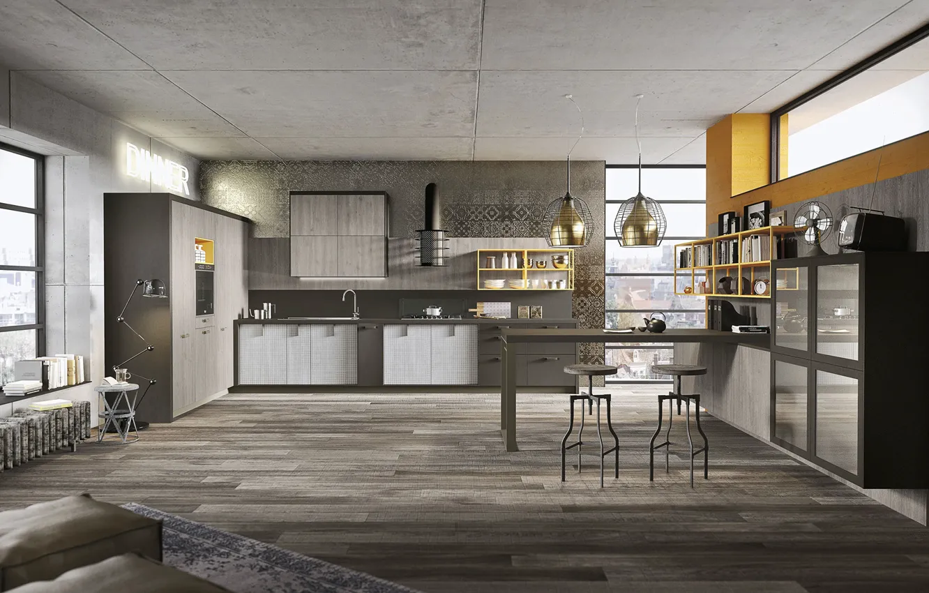 Photo wallpaper interior, kitchen, living room, dining room, kitchen, Italian design, Industrial style, industrial style