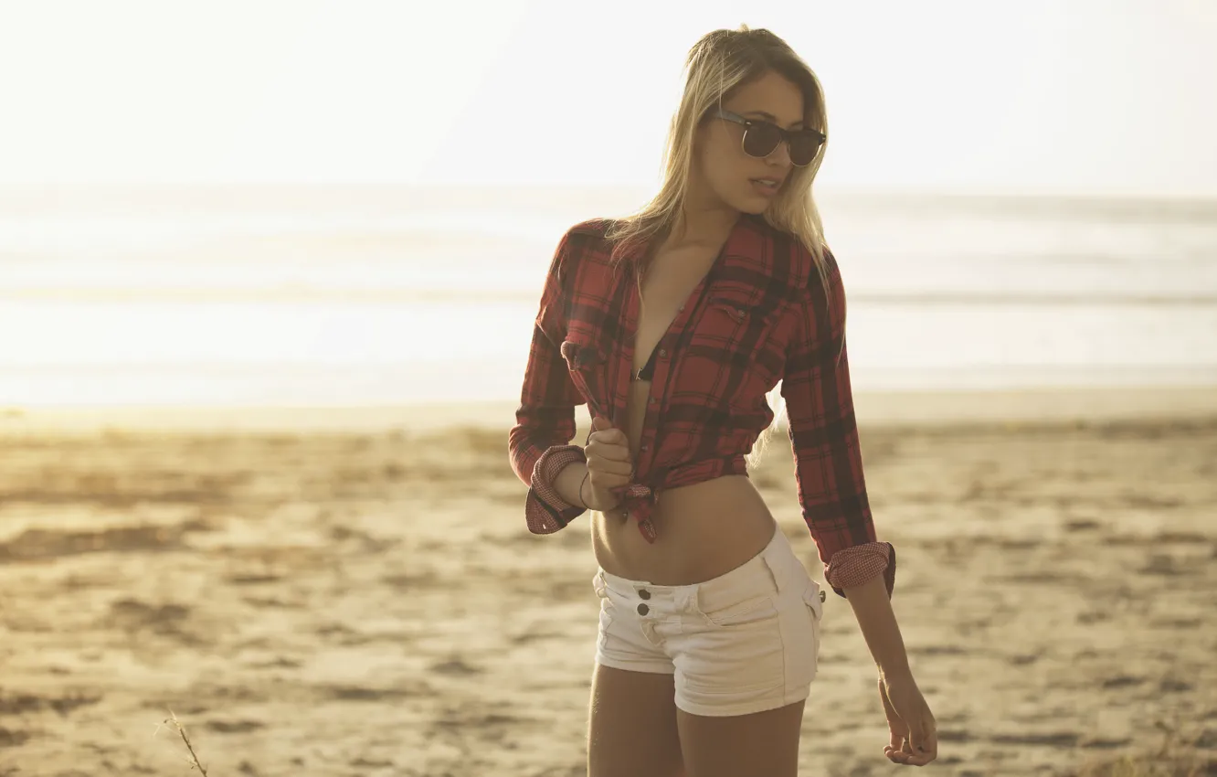 Photo wallpaper girl, beach, shorts, woman, model, sand, bokeh, blonde