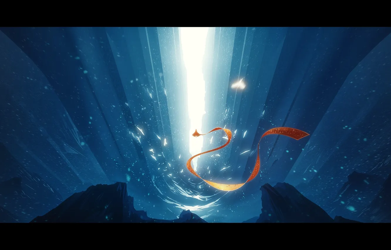 Photo wallpaper light, snow, mountains, red, stones, fiction, rocks, figure