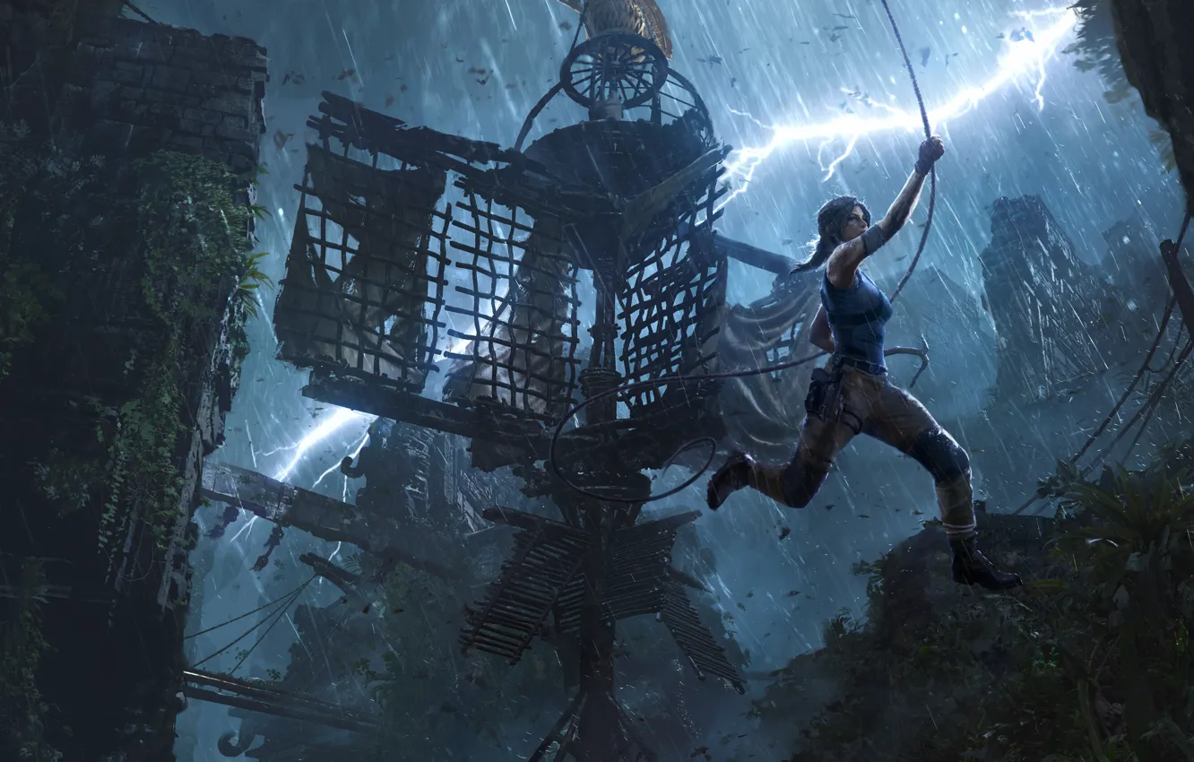 Photo wallpaper rain, long hair, jungle, jump, Lara Croft, shoes, DLC, Concept Art