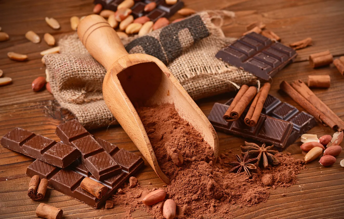 Photo wallpaper chocolate, nuts, cinnamon, sweet, cocoa