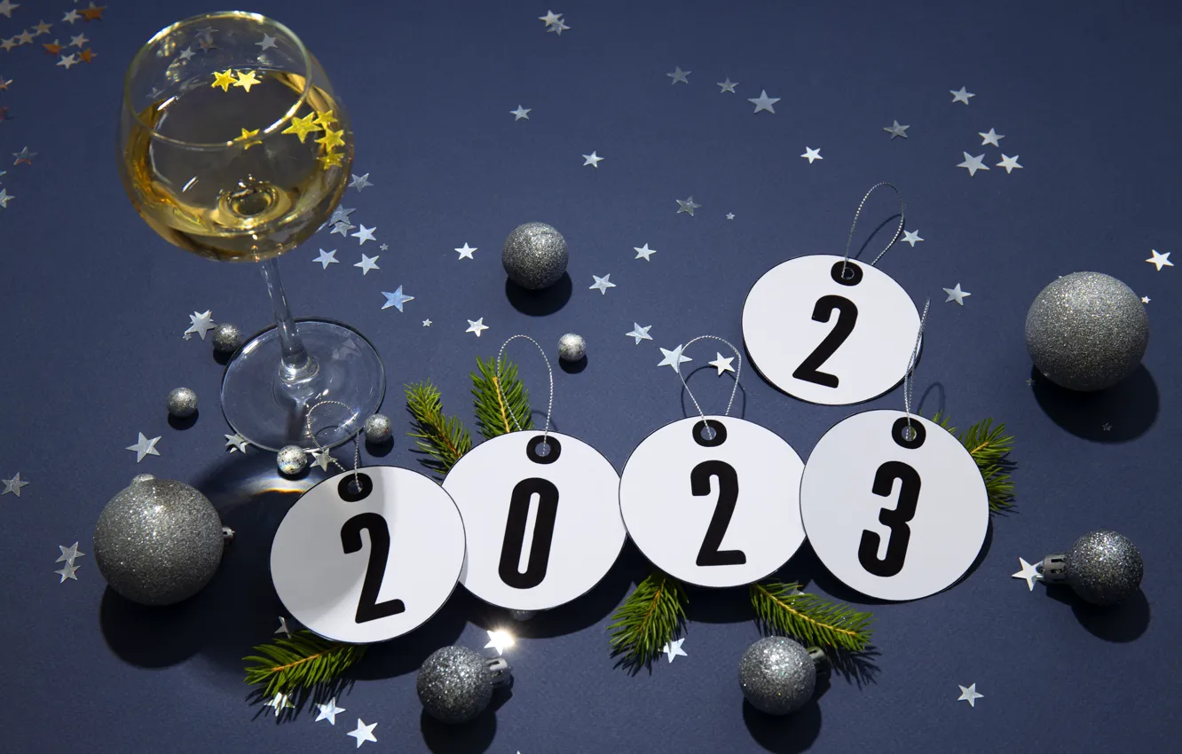 Photo wallpaper balls, circles, branches, wine, round, glass, new year, silver