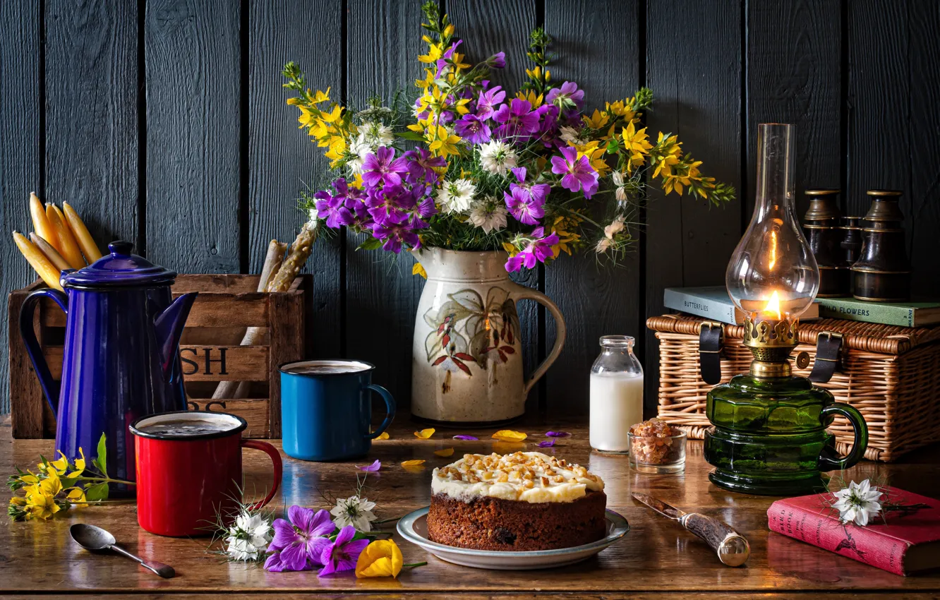 Photo wallpaper flowers, style, basket, books, lamp, bouquet, candles, cake
