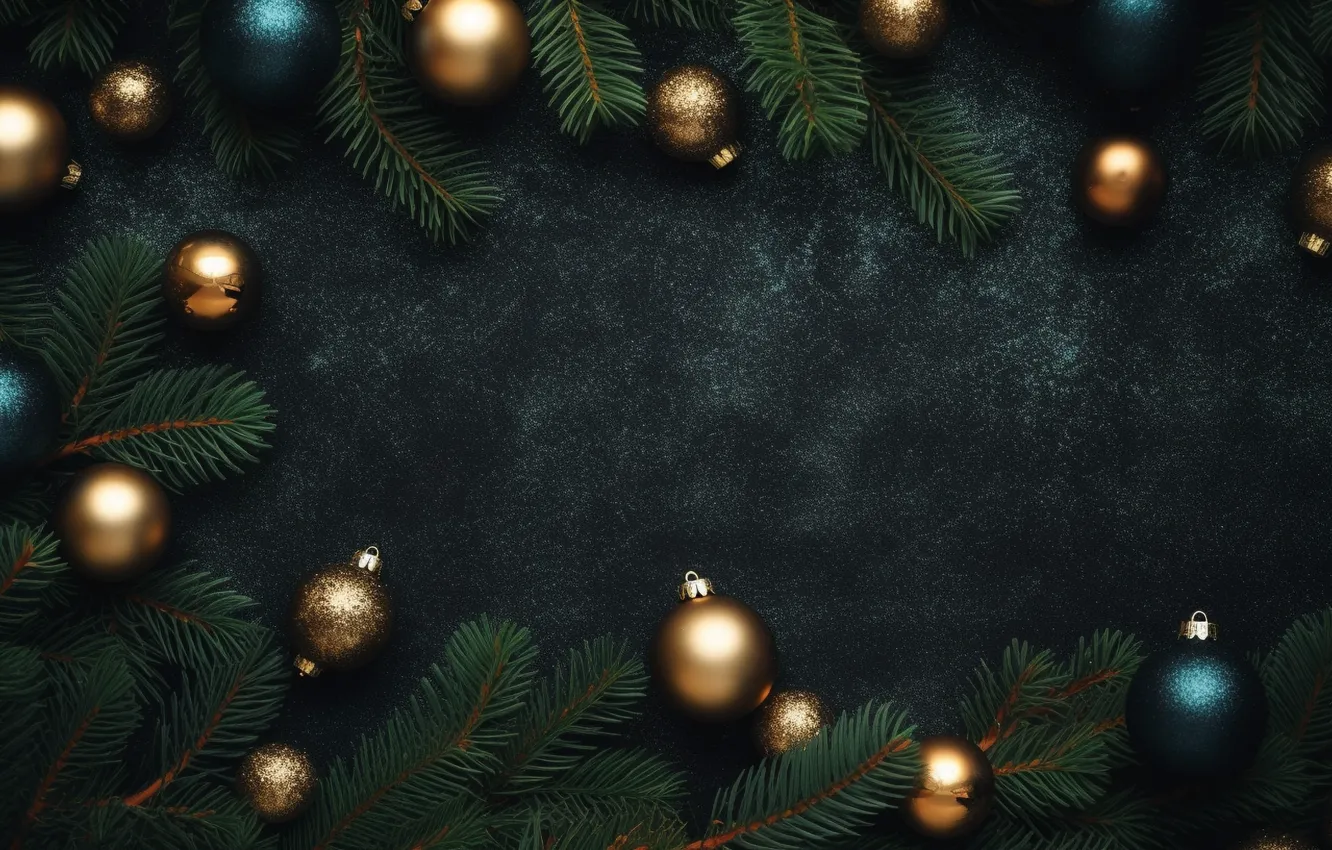 Photo wallpaper decoration, the dark background, balls, new year, Christmas, golden, black, Christmas