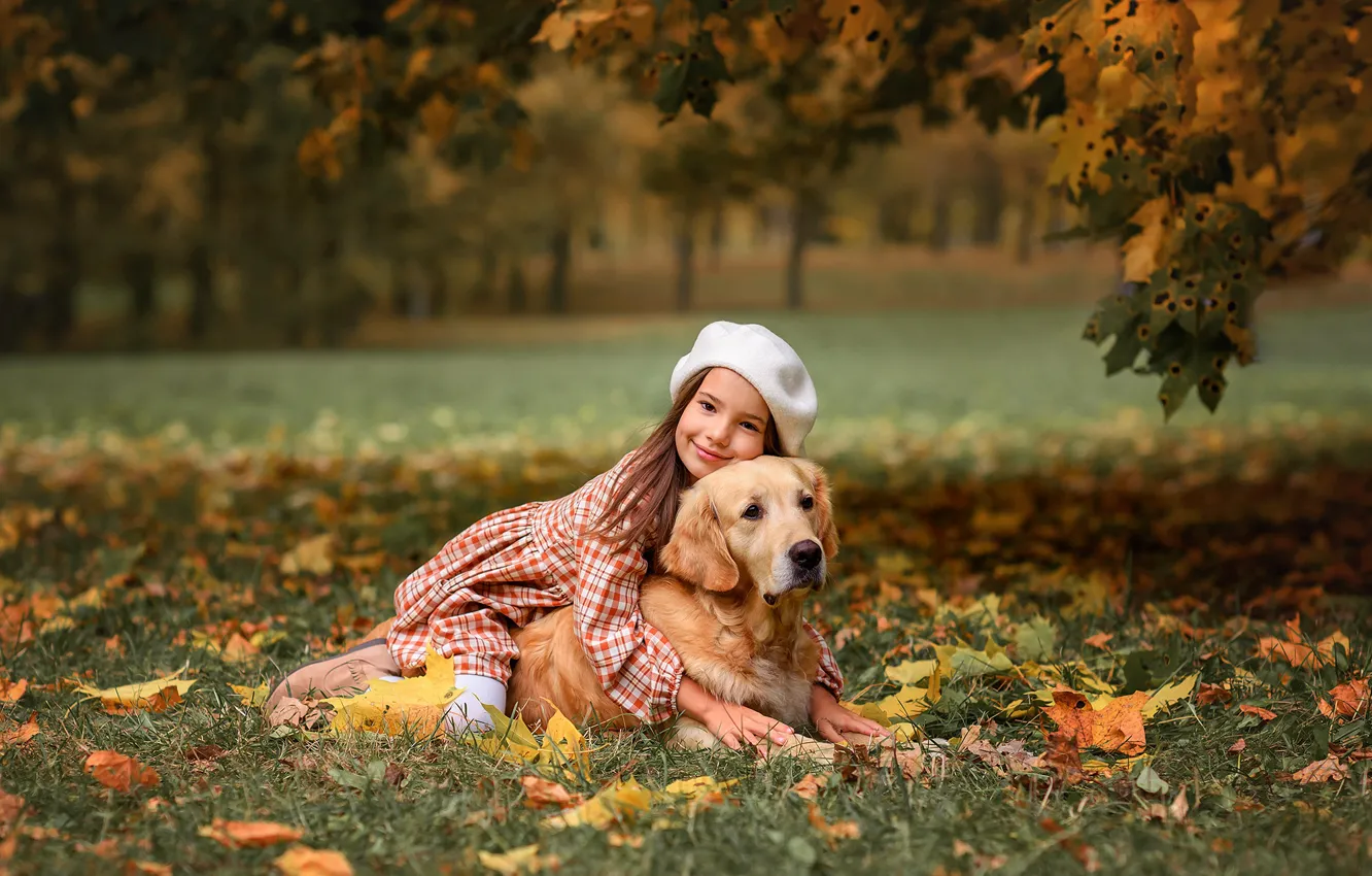 Photo wallpaper autumn, nature, Park, dog, girl, child, dog, Retriever