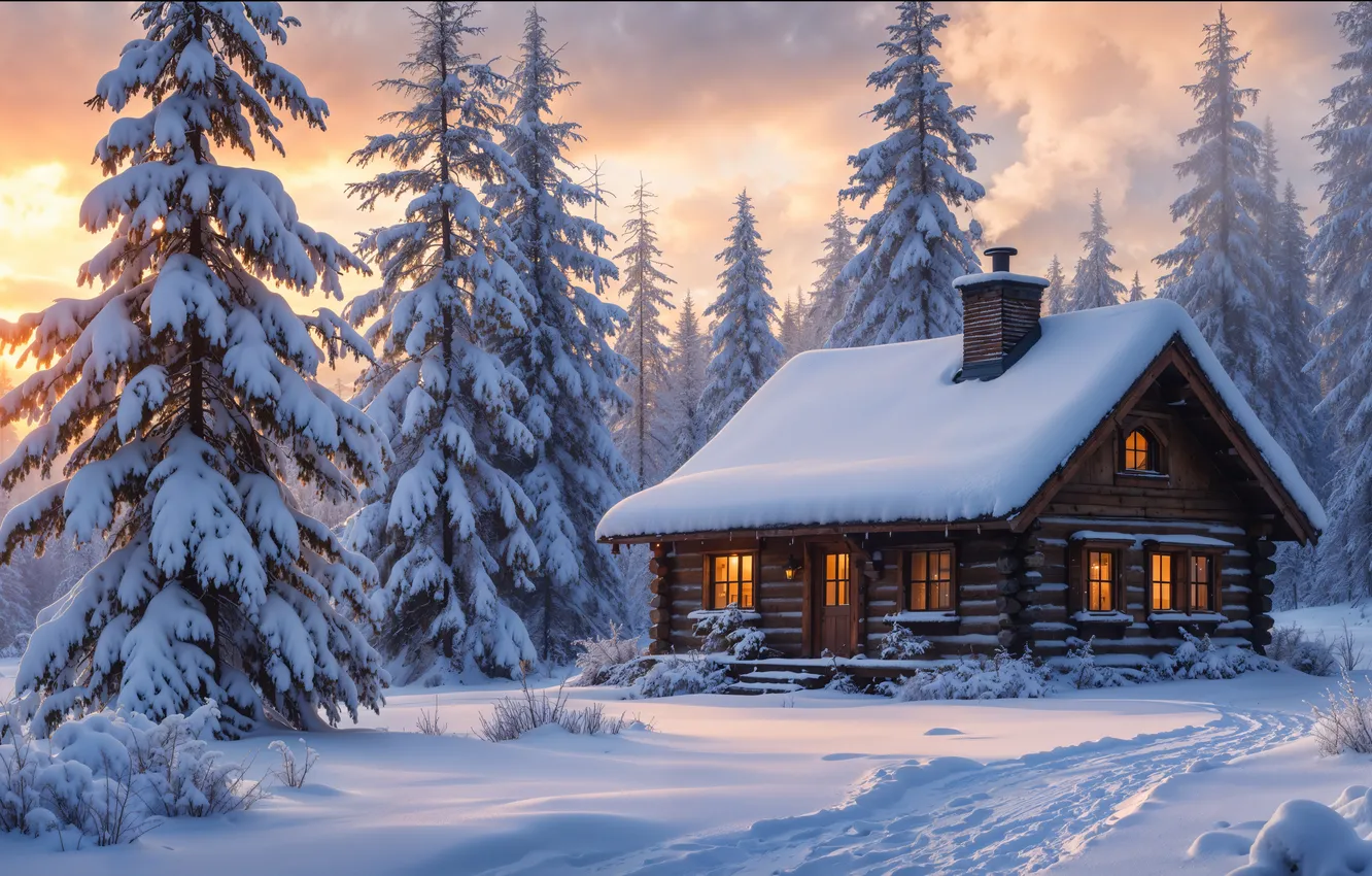 Photo wallpaper winter, forest, snow, tree, house, house, hut, forest