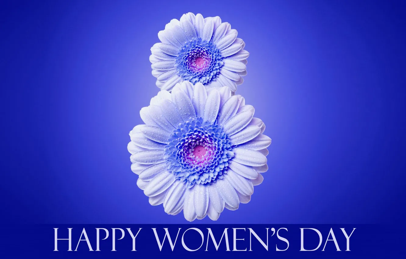 Photo wallpaper flowers, the inscription, March 8, blue background, international women's day