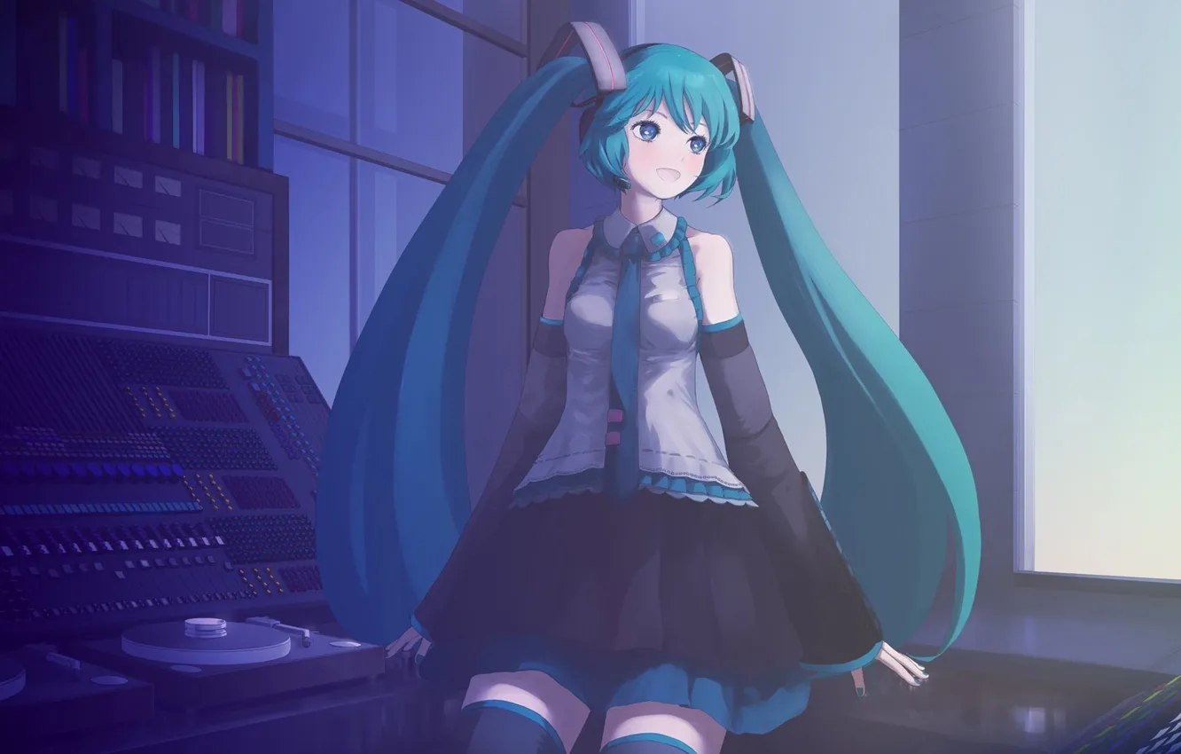 Photo wallpaper vocaloid, hatsune miku, sitting, smiling