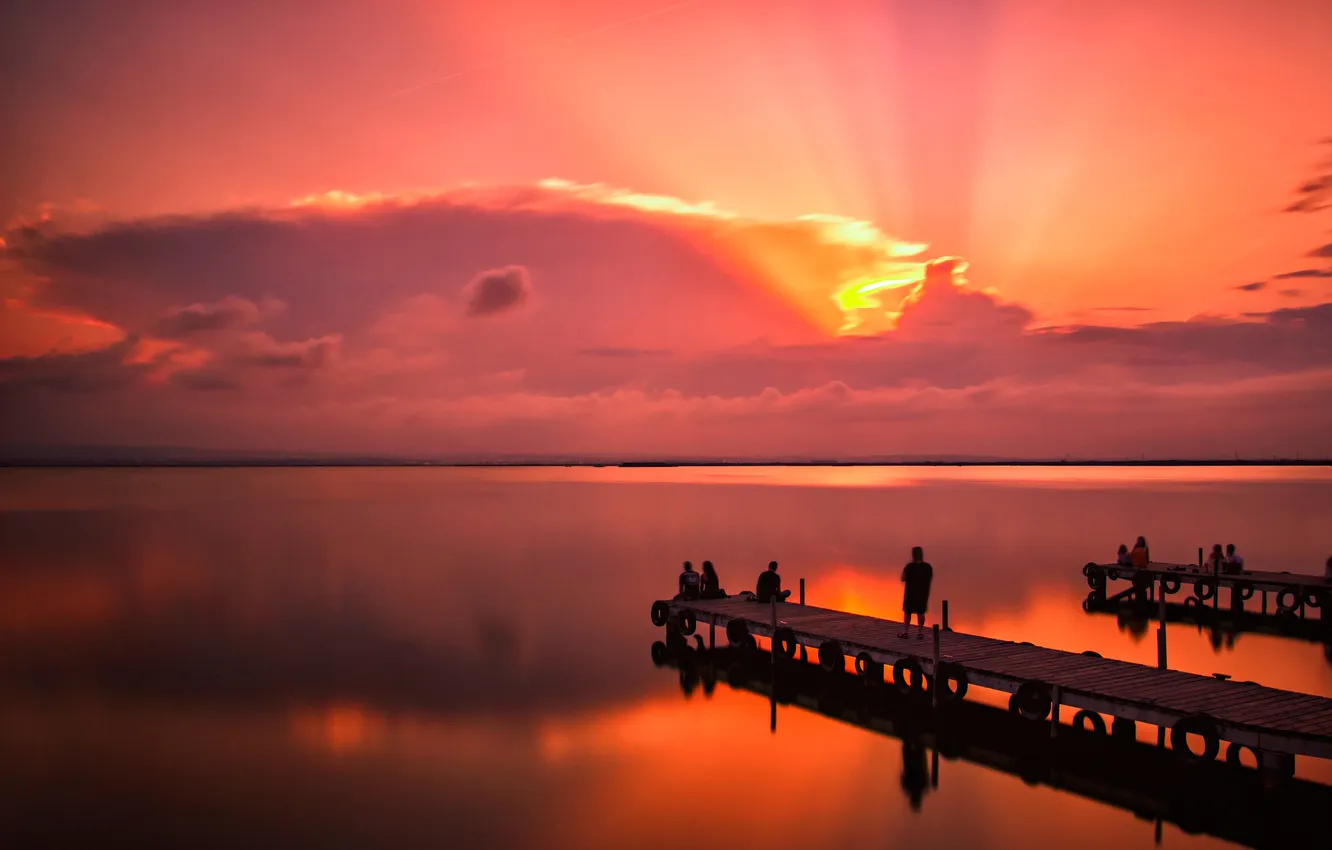 Photo wallpaper the sky, clouds, sunset, lake, people, pier, pierce, glow