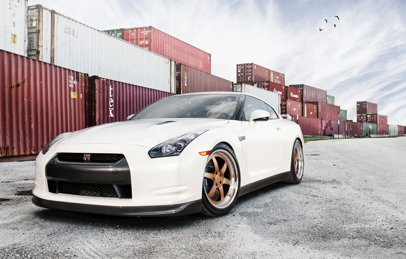 Photo wallpaper white, the sky, container, Nissan, white, GT-R, Nissan