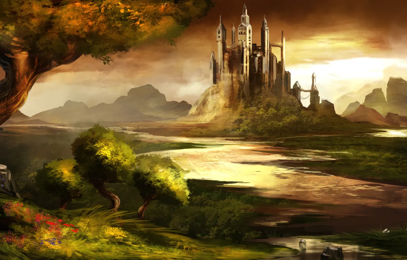 Photo wallpaper forest, the sky, water, trees, landscape, flowers, stones, castle