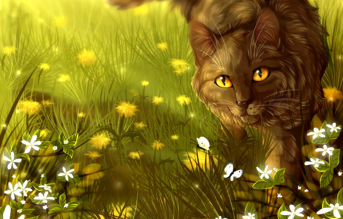 Photo wallpaper cat, flowers, Cats-Warriors, Brambleclaw