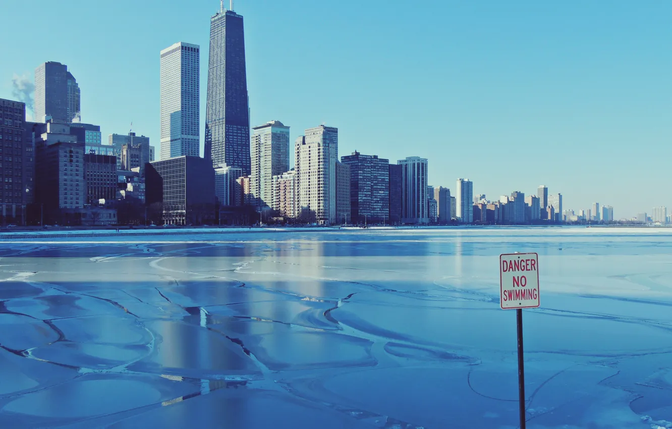Photo wallpaper winter, the sky, the city, ice, skyscrapers, Chicago, Illinois