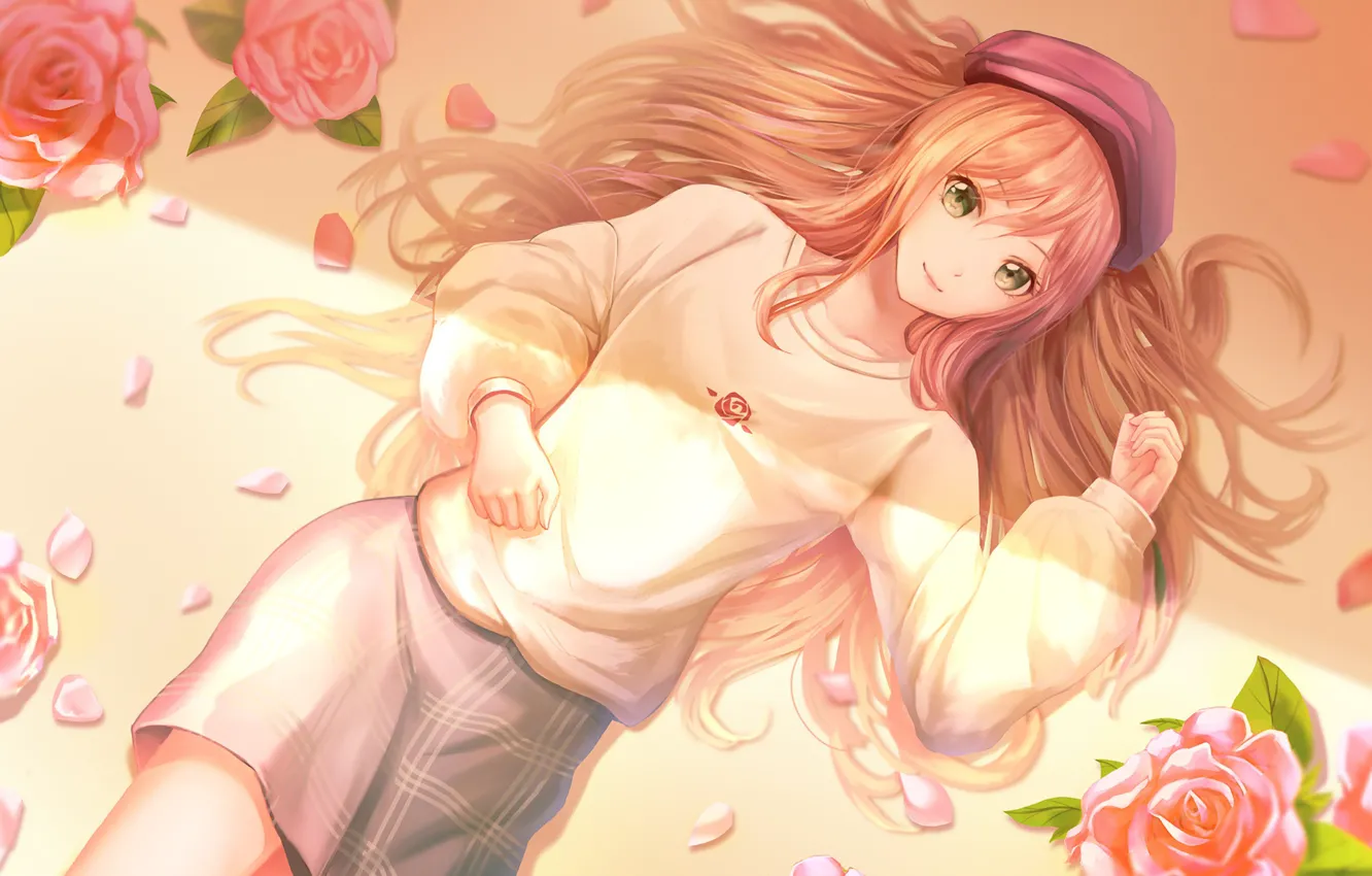 Photo wallpaper petals, girl, red, long hair, takes, green eyes, sweater, pink roses