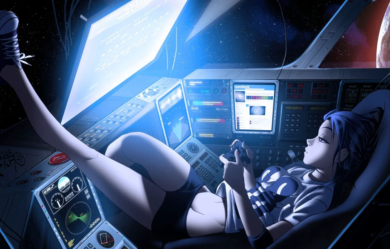 Photo wallpaper look, space, pose, mood, earth, Girl, lies, console