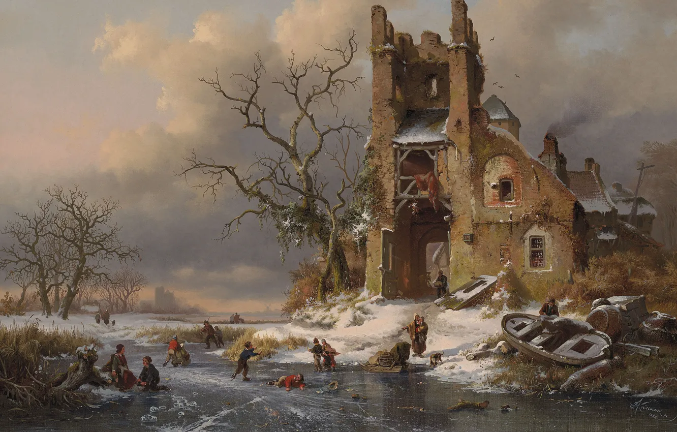 Photo wallpaper 1858, Dutch painter, Dutch artist, oil on canvas, Fredrik Marinus Kruseman, A winter scene with …