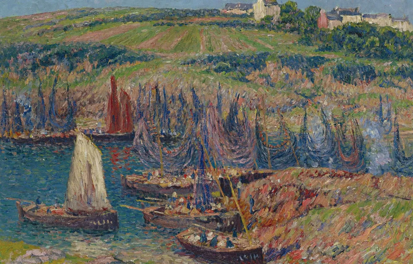 Photo wallpaper landscape, boat, picture, Henri Sea, Henry Moret, Fishers of Sardines in Dosane