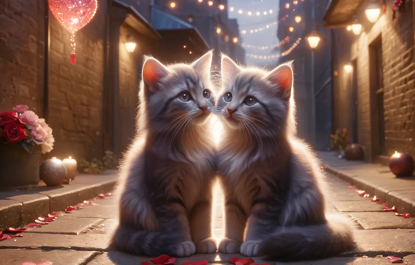 Photo wallpaper cat, look, light, love, flowers, night, the city, pose